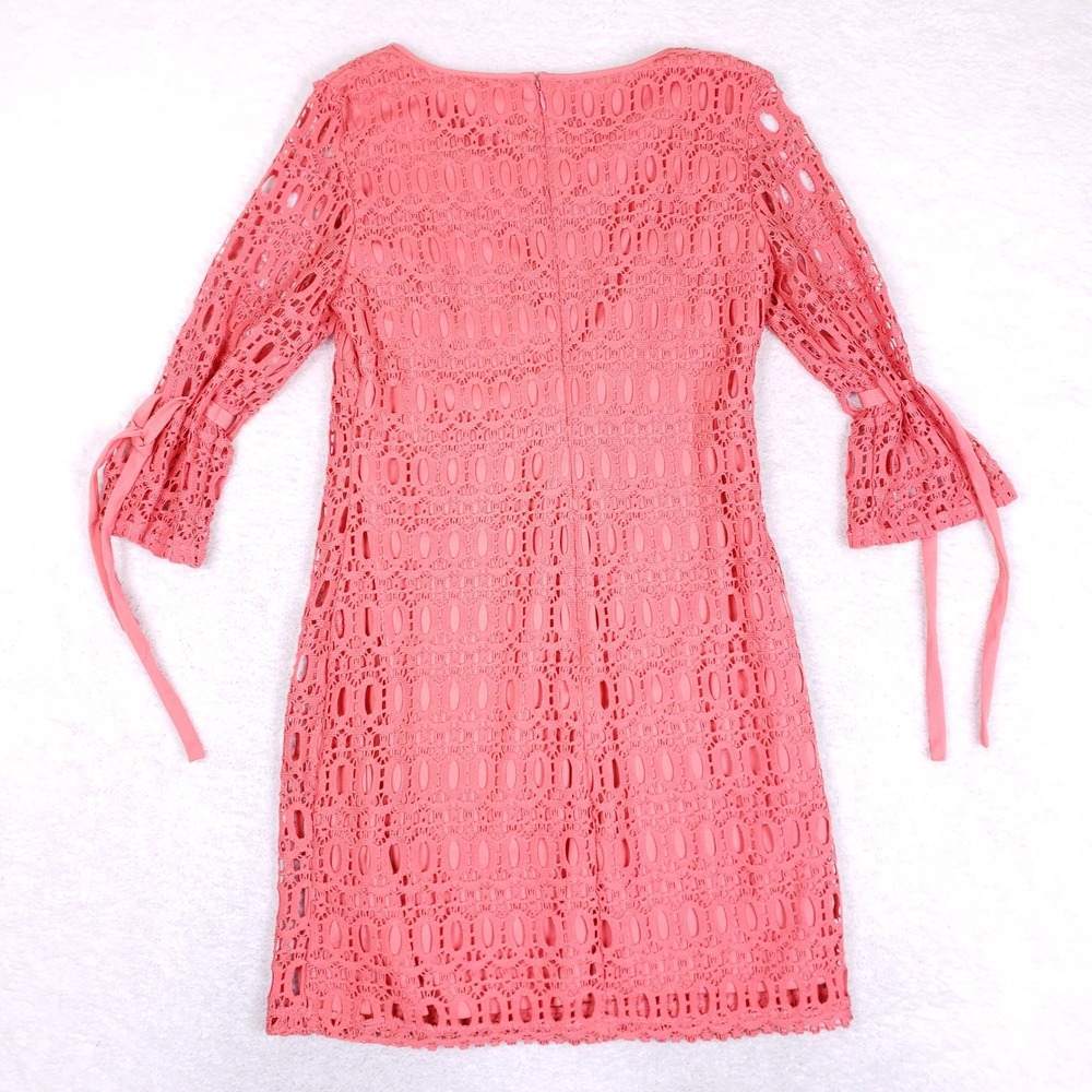 Madison Leigh Lace Sheath Dress Womens 8 Coral Pink Bell Sleeve Wedding Guest - Picture 6 of 10